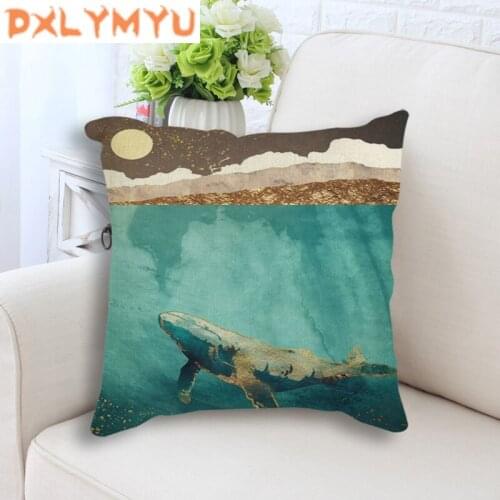 Square Throw Pillow 45x45cm Abstract Landscape Mountain Deer whale Nordic Cushion Back Seat Linen Cushion Sofa Home Decor
