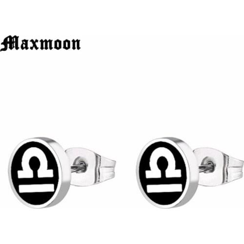 Maxmoon Men Stainless Steel Earrings Libra Twelve Constellations Ear Clip Stud Earings Piercing Brincos Male Jewelry