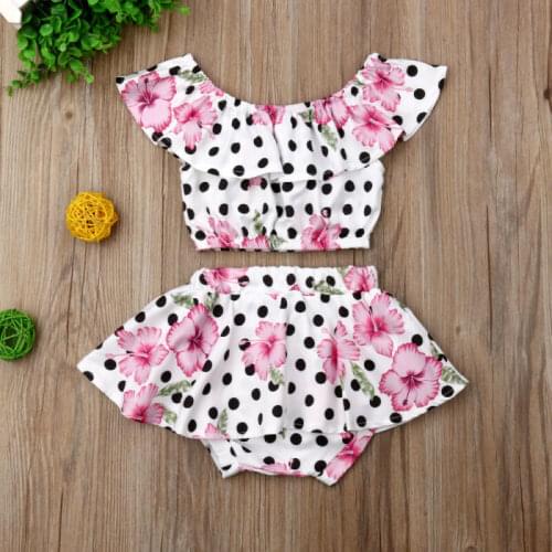 0-3Y Cute Newborn Baby Girl Summer Clothes Off shoulder Crop Tops Polka Dot Tutu Skirted Shorts Bloomers 2PCS Outfits