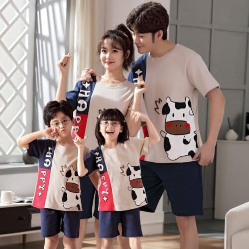 Szie 8-4XL New Parent-Child Pajamas Set Summer Short Sleeves Pure Cotton For Boys Girls Women Men Cute Cartoon Home Wear Casual