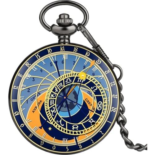 Prague Astronomical Clock Creative Chain Pocket Watch Quartz Analog Clock 12 Constellation Art Souvenir Clock for Men Women