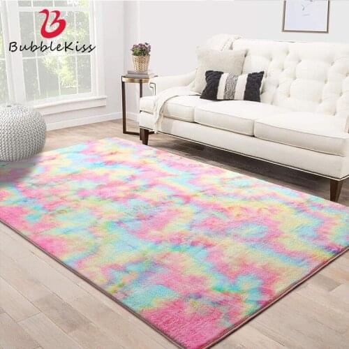 Bubble Kiss Nordic Style Fluffy Carpets For Living Room Bedroom Decor Carpet Rainbow Faux Fur Rug Girls Room Decor Long Pile Rug