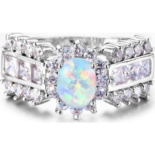 Luxury Female White Blue Fire Opal Ring Silver Color Love Engagement Ring Vintage Oval Zircon Wedding Rings For Women