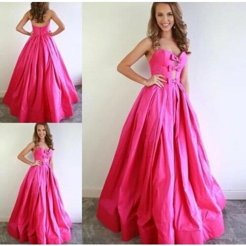 A-Line Long Taffeta Prom Dresses with Pockets Floor Length Rose Red Open Back Sweetheart Abendkleider Robes de Soirée for Women