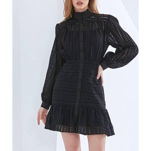 Spring And Summer NEW Solid White Black Hollow Out Chiffon Dress For Women Elegant Slim Package Hip Single Breasted Ruffle Dress