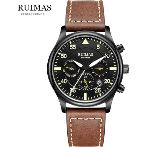 RUIMAS Military Sport Watch Men Automatic Mechanical Working Sub-dials Calendar Date Leather Strap Mens Watches Top Brand Luxury