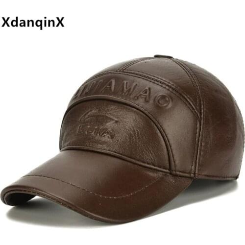 XdanqinX Autumn Winter Mens Cap Cowhide Leather Hat Warm Baseball Caps Adjustable Size Ear Protection Earmuff Hats Snapback Cap