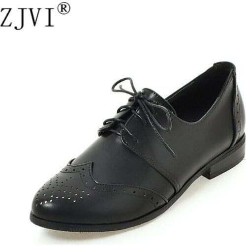 ZJVI 2020 Women Spring Autumn Low Heels Shoes Woman Round Toe Flats Ladies womens Female Lace Up Casual Shoes Plus Size 4-14