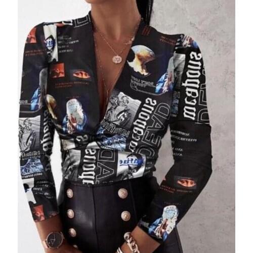 Blouse Shirts Office Lady 2021 Spring Summer Print Long Sleeve Ruffle Women Blouses Sexy V-neck Long Sleeve pullover Tops