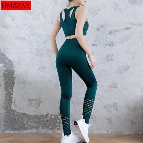 2-Pcs Women Yoga Sets Sports Suits Women Fitness Clothing Sportswear Athletic Gym Leggings Padded Push-up Strappy Sports Bra