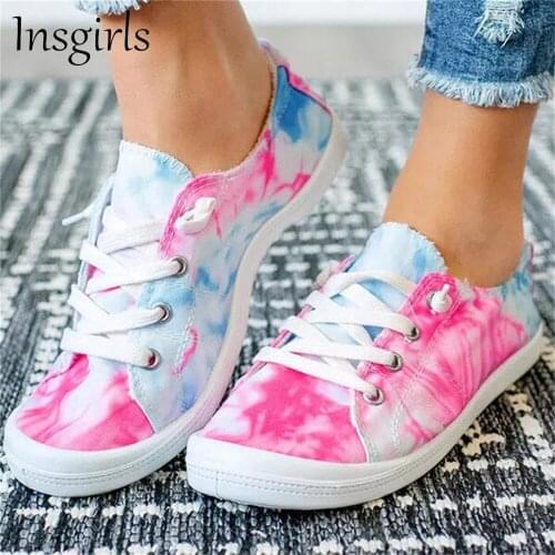 Spring Canvas Shoes Women 2021 Fashion Colorful Tie Dye Ladies Low Top Lace Up Sneakers 35-43 Large-Sized Female Casual Flats
