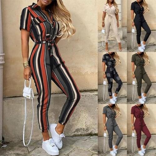 IMucci Women Striped Button Sashes Lapel Chiffon Jumpsuits High Street Loose Polyester Overalls Ankle-Length Pants