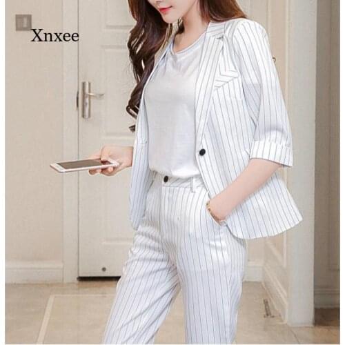 2021 Spring and Autumn Womens Work Pants Suit Ol 2-Piece Set Double-Breasted Striped Suit Jacket and Zipper Pants Suit