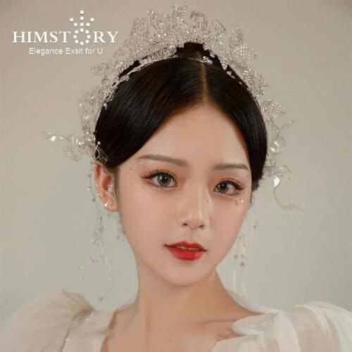 Himstory Handmade Bride Clear Crystal Tiaras Korean Sweet Hair Hoop Transparent Beads Headbands Wedding Hair Accessories