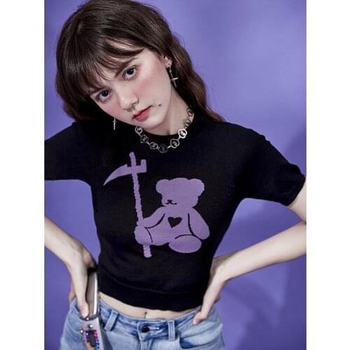 Death Little Y2K Cropped Top Women Kawaii Fitness Knitted Short Sleeve T-Shirt Woman 2022 Summer New Black Top