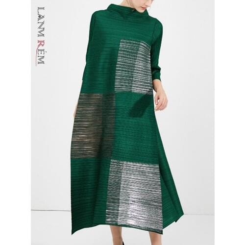 LANMREM womens pelated clothes 2021 stand collar color block printting loose stretch fabric dress famale new YJ643