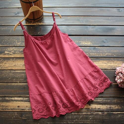 8739 New Spring Summer Women Sling Dress Japan Style Mori Girl Cotton Embroidery Hollow out Solid Color Sling Dress