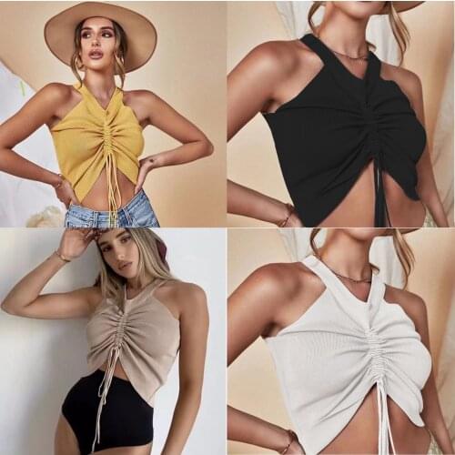 Fashion Women Cropped Halterneck Tops Sleeveless V-neck Drawstring Knitted Sexy Vest for Summer Solid 4 Colors 2021 New