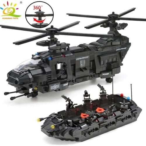 UKBOO 1351pcs Swat Military Helicopter Boat Building Blocks Set Police Weapon Combat Soldier Figures Bricks Toys for Children