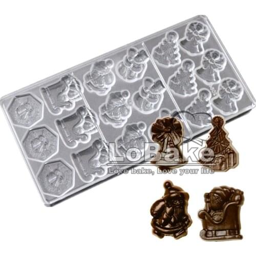 18 cavities Christmas Santa Claus tree sled jingle bell ShapePolycarbonate chocolate mold DIY celebrating decoration supplies