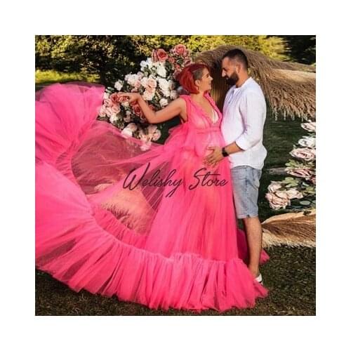 2021 Beach See Thru Ruffled Long Tulle Maternity Dresses Photography Deep V-Neck Long Women Dresses A-line Party Gowns Plus Size