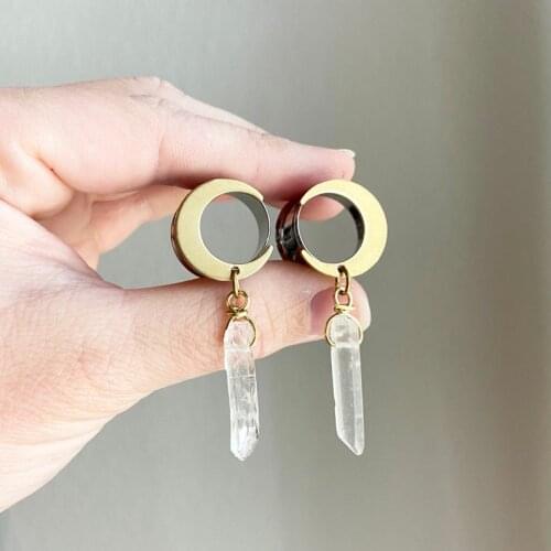 Bohemian 14mm/16mm Moon and Quartz Plugs - Dangle Girly Gauges - GothicTunnels - Surgical Steel Earlets Body Piercing Jewelry