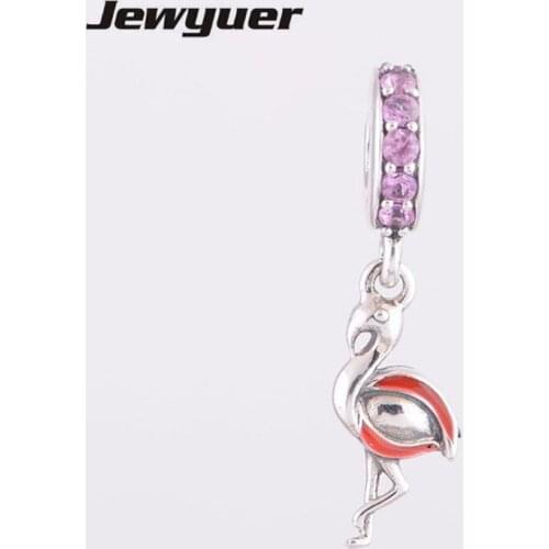 925 sterling Silver dangle Pink Flamingo Charms Beads Fit Charm Bracelets Snake Chain necklace pendant DIY fine Memnon DA083