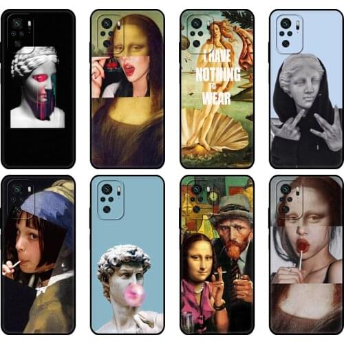 Black tpu Case For Xiaomi Redmi 9T Case Redmi Note 9T Note 10 5G 4G Pro 10S Case Mona Lisa Art David lines