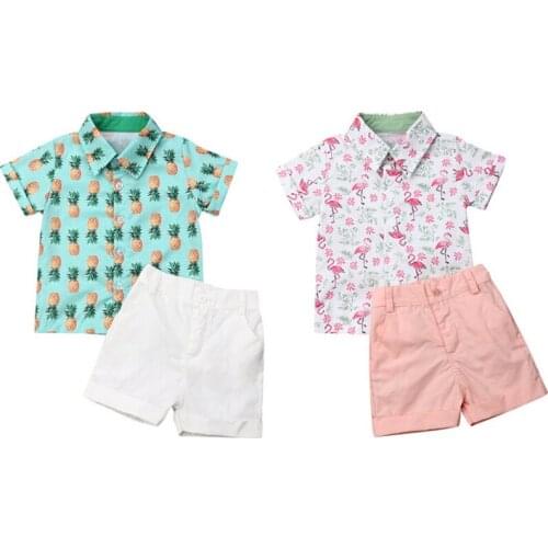 Kids Boy Gentleman Clothes Set Casual Baby Boy Formal Suit Flamingo Pineapple Printed Button Shirt+Shorts Summer Outfits Clothes