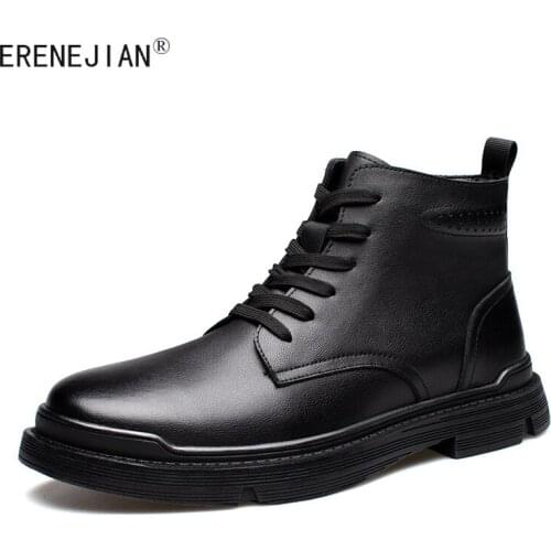 ERENEJIAN Fashion Mens Genuine Leather Ankle Martin Boots Thick Warm High Tops Shoes Platform Sneakers Footwear