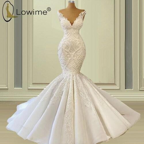 Graceful Ivory V Neck Mermaid Wedding Dresses 2021 Pearls Lace Bridal Gowns Свадебное платье Custom Made