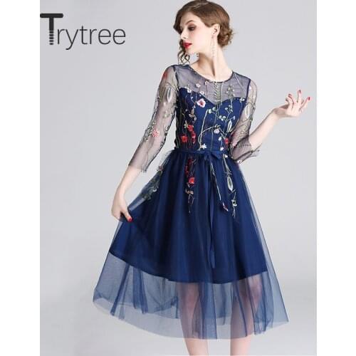 Trytree 2020 Summer Romantic Casual Embroidery Floral Mesh Dress Hollow Out Mid-Calf O-neck Women Dresses High Street Blue Dress