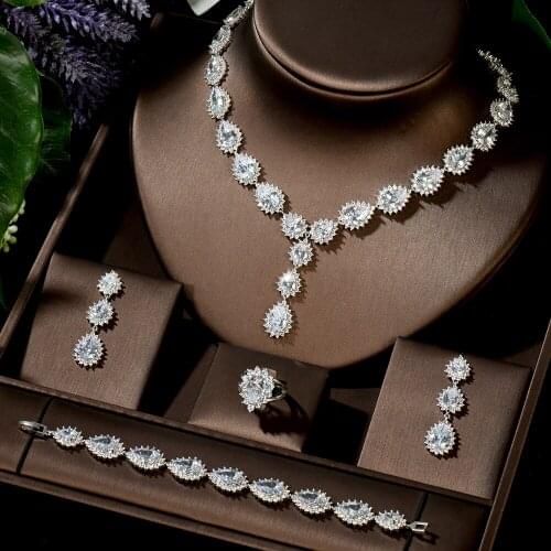 HIBRIDE 4pcs Luxury African CZ Water Drop Wedding Party Jewelry Sets Cubic Zirconia Necklace Bridal Accessories For Women N-1485