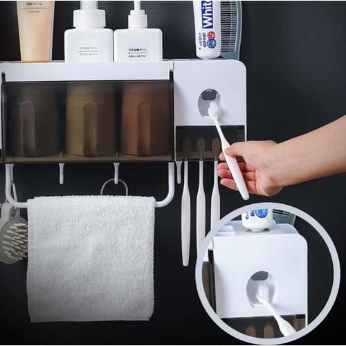 Wall Mount Dust-proof Toothbrush Holder With Cups Automatic Toothpaste Squeezer Dispenser Bathroom Accessories Sets