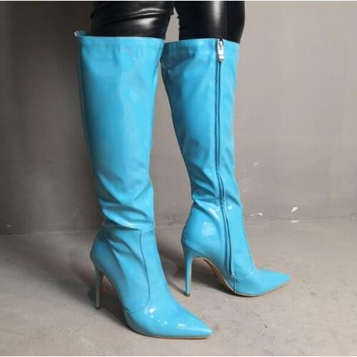 Sky Blue Patent Leather Knee High Boots Ladies Thin Heel Pointed Toe Near Knee Long Boots Woman Fashion Large Size Party Shoes