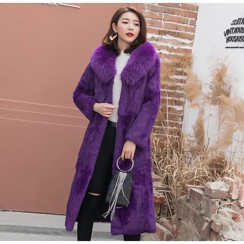 2021 New Rabbit Fur Coat Long Coat Fox Fur Collar Slim Fit Large out of Season Clearance Special Price