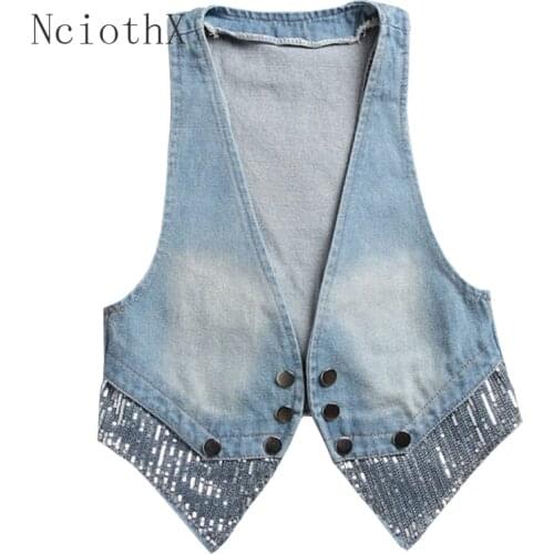 New 2021 Spring Summer Hot Sale Fashion Womens Cute Girl Denim Vest Sequins Jeans Vest Jacket Ladies Waistcoat Femme