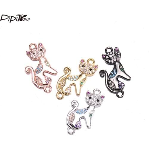 Pipitree Cute Micro Paved AAA CZ Zircon Animal Cat Charms Beads for Bracelet Jewelry Making Copper DIY Charms Connectors 10x20mm