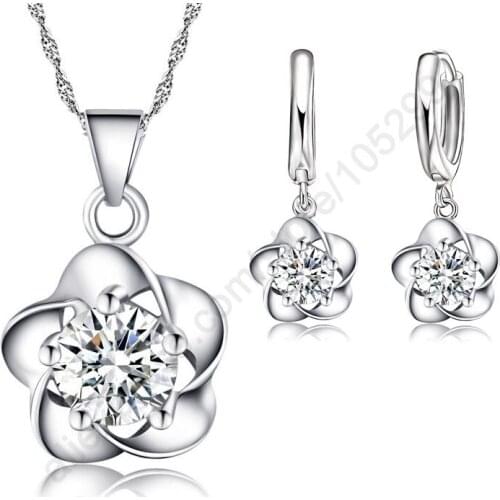 Nice Woman Gift Set,Beautiful Flower With Pure 925 Sterling Silver Necklace Earrings Wedding Party Jewelry For Bridal