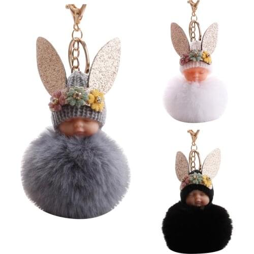 Fluffy Rabbit Ear Sleeping Baby Doll Pompom Charm Key Ring Keychain Bag Ornament Key Ring Key Holder Trendy Jewelry Bag Ornament