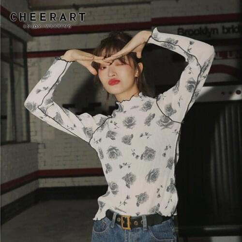 CHEERART Vintage T Shirt Long Sleeve Top Floral Print White Tee Shirt Turtle Neck Underwear Women Korean Style Fall 2019