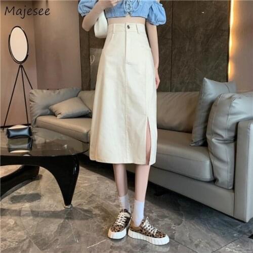 Skirts Women Summer Fashion Korean Style Side Slit Simple Solid 3 Colors Holiday Students All-match Leisure Empire Comfortable