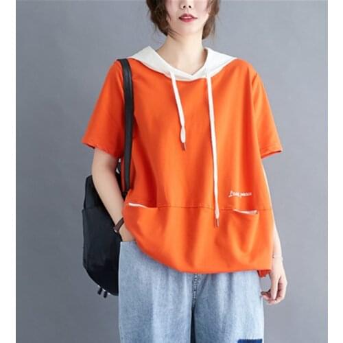 Women Summer Casual Hooded T-shirts New Arrival 2021 Simple Style Solid Color Loose Female Short Sleeve Cotton Top Tees B014