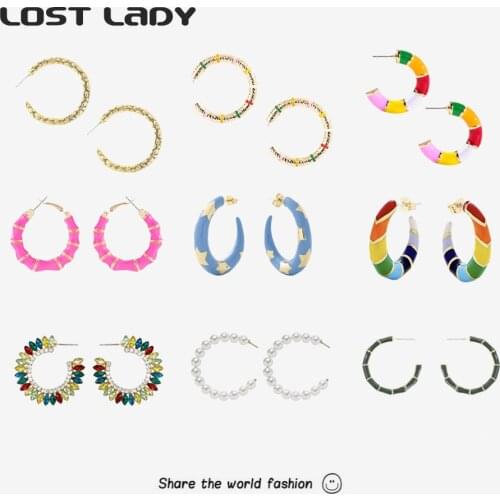 Lost Lady C Shape Stud Earrings Multiple Color Metal Earrings for Women Retro Hollow Earings Fashion Jewelry Girls Wedding Gift