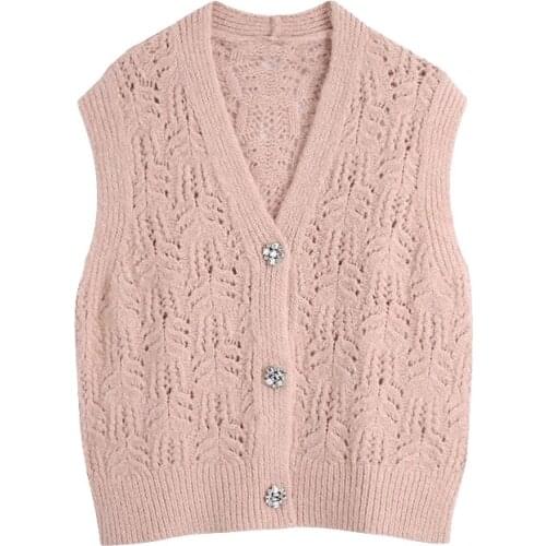 2021 New Women Sweet Fashion With Bejewelled Buttons Knitted Vest Sweater Vintage Sleeveless Female Waistcoat Chic Tops
