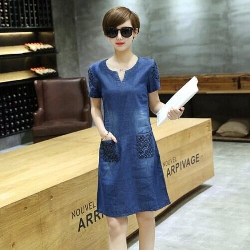 Women Blue Denim Dress 2020 New Summer Short Sleeve V-Neck Embroidery Casual Jeans Dresses Sexy Slim Ladies Large Size Clothes
