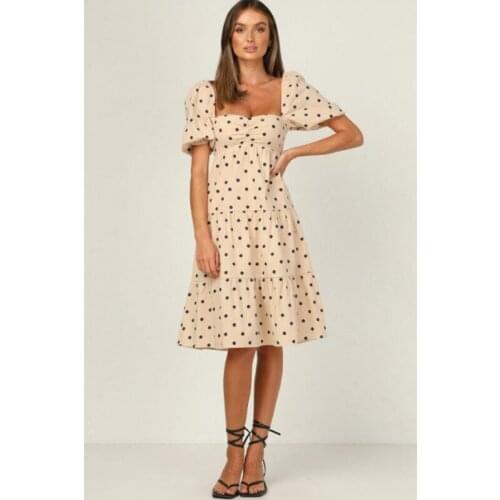 New 2021 summer casual temperament womens short-sleeved polka-dot square neck big dress sexy open back lace knee-length dress