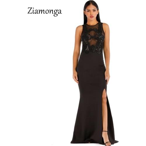 Ziamonga Women Dress Summer Autumn Vestido New O Neck Sleeveless Mesh Party Dress Bodycon Sequin Floral Sexy Long Dresses