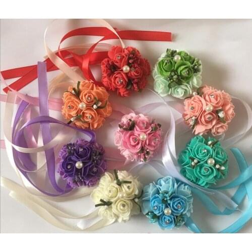 10pcs Half Ball Artificial Crystal Pearl Beaded PE Roses with Ribbon Bouquet Flower Wedding Party Decoration