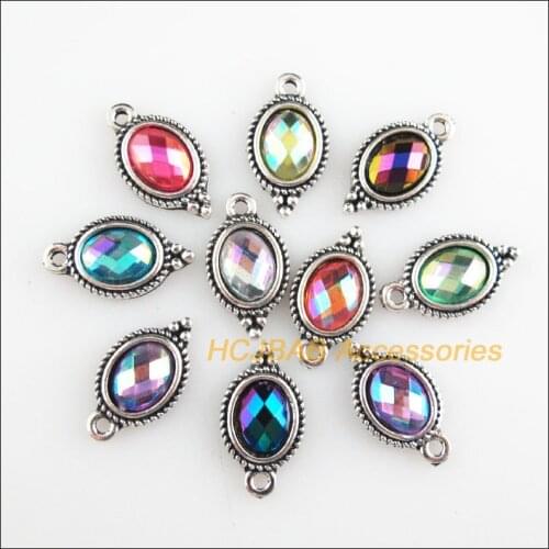 20Pcs Tibetan Silver Tone Oval Flower Mixed AB Acrylic Charms Pendants 9x17mm
